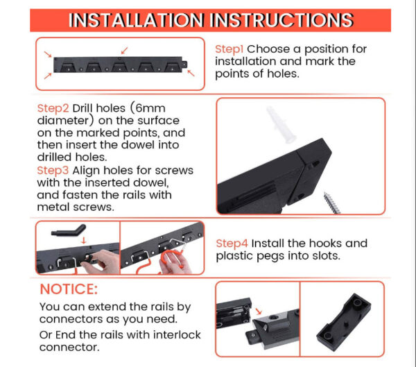 Support Mural Métallique pour Outils – Porte-Outils Garage et Jardin avec 5 Crochets (Charge Lourde)