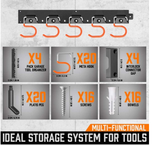Support Mural Métallique pour Outils – Porte-Outils Garage et Jardin avec 5 Crochets (Charge Lourde)