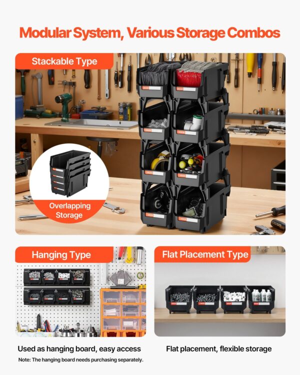 Bacs de Rangement Empilables en Plastique – Lot de 8, Organisateurs Modulables pour Garage, Bureau & Placard (Noir)