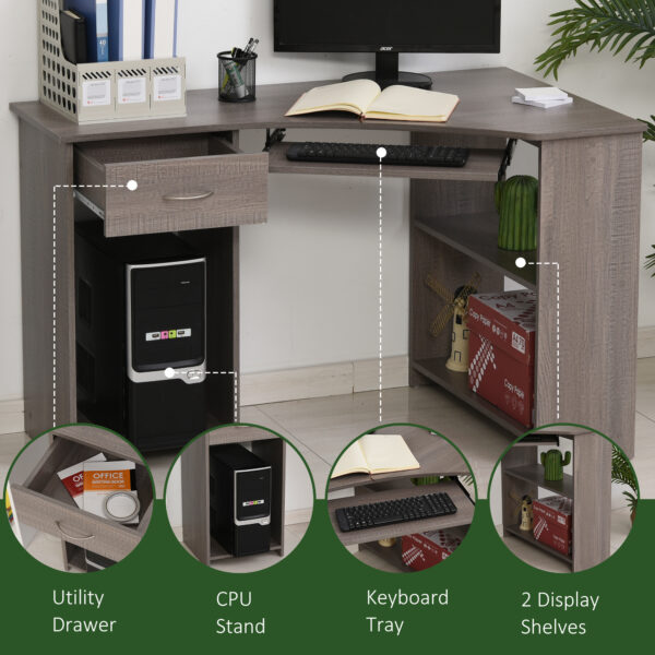 Bureau d’Angle en L avec Étagères, Tiroir & Support CPU – Bureau Informatique Moderne Gris