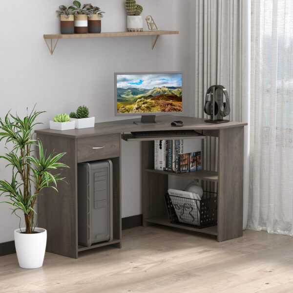 Bureau d’Angle en L avec Étagères, Tiroir & Support CPU – Bureau Informatique Moderne Gris