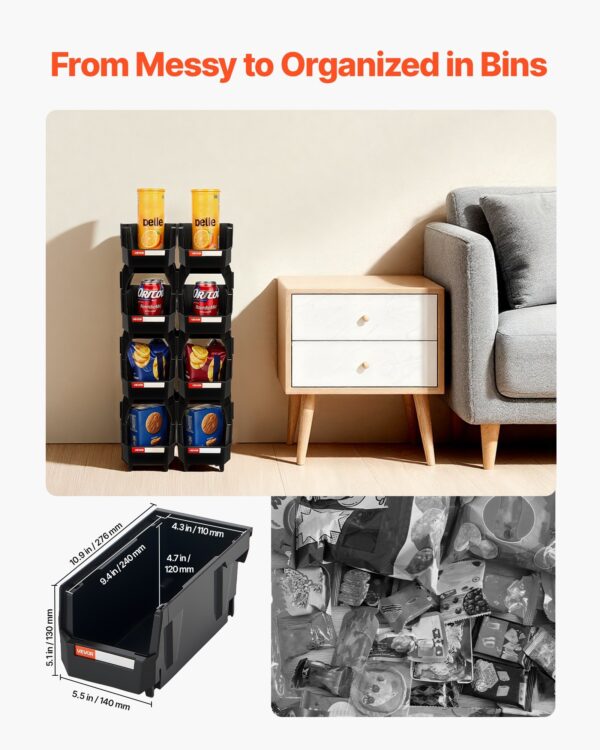 Bacs de Rangement Empilables en Plastique – Lot de 8, Organisateurs Modulables pour Garage, Bureau & Placard (Noir)