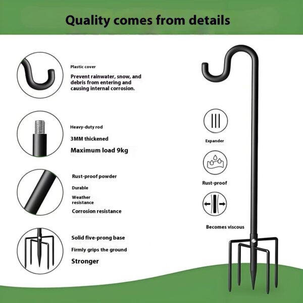 Piquet de Jardin pour Lampe Extérieure – Support au Sol Antirouille avec Crochet, 80 à 160 cm