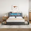 Anajqaqia Lit rembourré 140x190/200 cm, lit LED, avec 4 tiroirs et sommier à lattes, tête de lit avec station de charge USB, gris