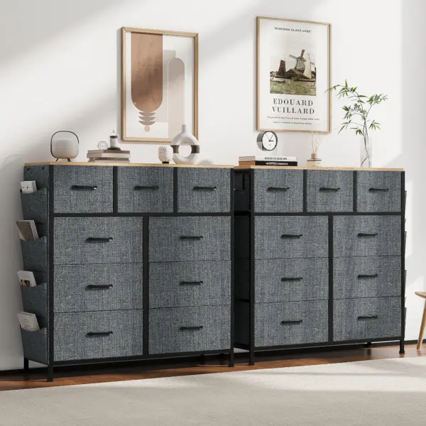 Commode à 9 tiroirs, meuble de rangement, buffet pour salon, chambre, entrée, gris, tissu non tissé, 99 x 30 x 100 cm