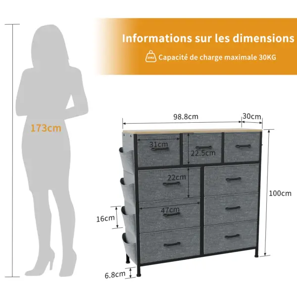 Commode à 9 tiroirs, meuble de rangement, buffet pour salon, chambre, entrée, gris, tissu non tissé, 99 x 30 x 100 cm