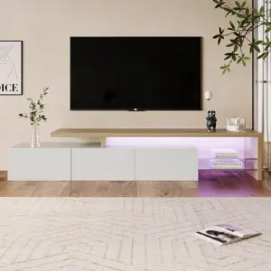 OSAHQNDA Meuble TV Moderne avec LED et Étagères en Verre – 200 x 42 x 39 cm