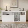 Buffet haute brillance avec LED, armoire buffet de 155,5 cm. 3 portes et 3 étagères en verre, armoire de salon design sans poignée, blanc.