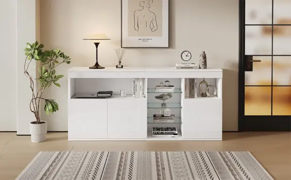 Buffet haute brillance avec LED, armoire buffet de 155,5 cm. 3 portes et 3 étagères en verre, armoire de salon design sans poignée, blanc.