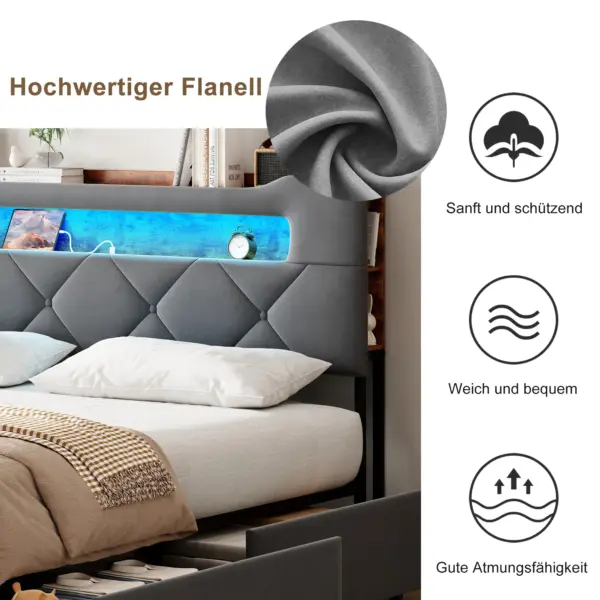 Anajqaqia Lit rembourré 140x190/200 cm, lit LED, avec 4 tiroirs et sommier à lattes, tête de lit avec station de charge USB, gris