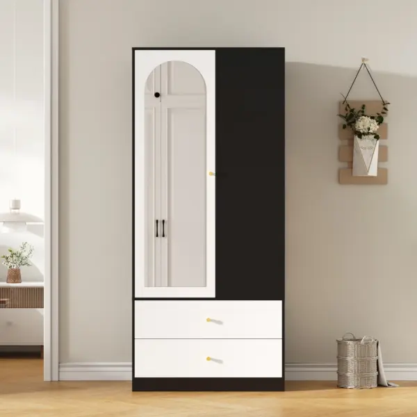 Armoire avec miroir et une porte. Armoire moderne avec 2 tiroirs et 4 étagères, idéale pour un rangement polyvalent