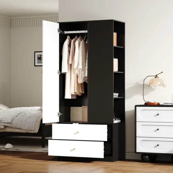 Armoire avec miroir et une porte. Armoire moderne avec 2 tiroirs et 4 étagères, idéale pour un rangement polyvalent