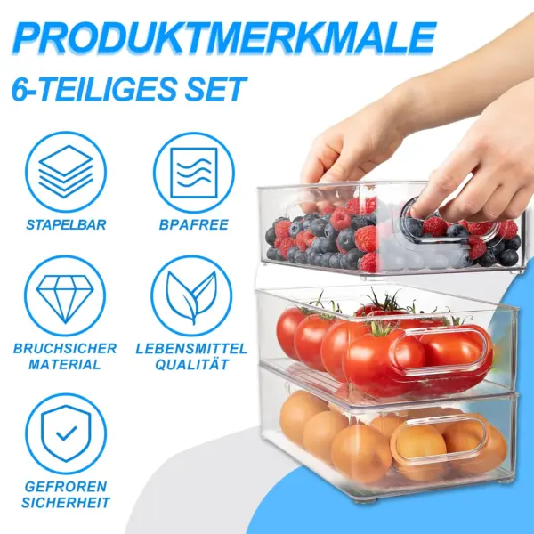 Organisateur de réfrigérateur empilable avec poignée – Lot de 6 ou 10 boîtes de rangement