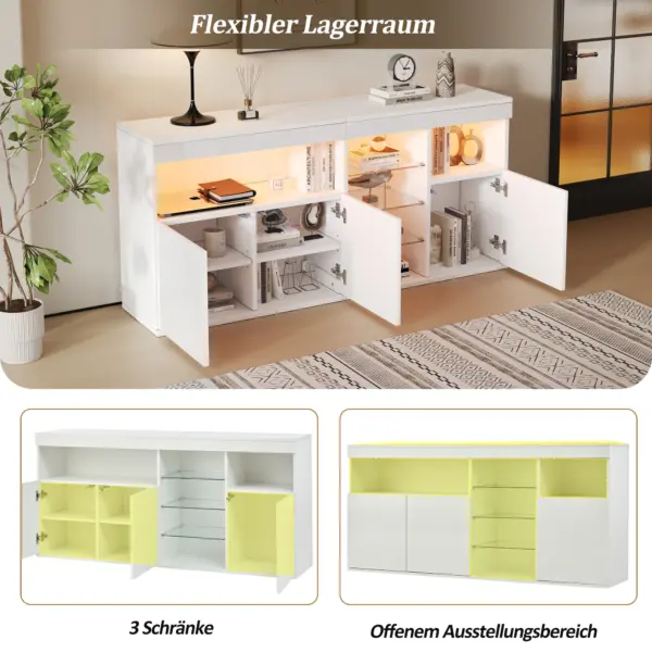 Buffet haute brillance avec LED, armoire buffet de 155,5 cm. 3 portes et 3 étagères en verre, armoire de salon design sans poignée, blanc.