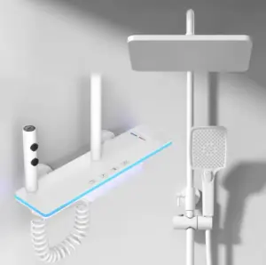 Système de robinet de douche de luxe pour salle de bains blanche, avec lumières, ensemble de douche en verre trempé, affichage numérique, mélangeur en cuivre, ensemble de robinets de douche