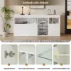 Buffet haute brillance avec LED, armoire buffet de 155,5 cm. 3 portes et 3 étagères en verre, armoire de salon design sans poignée, blanc.
