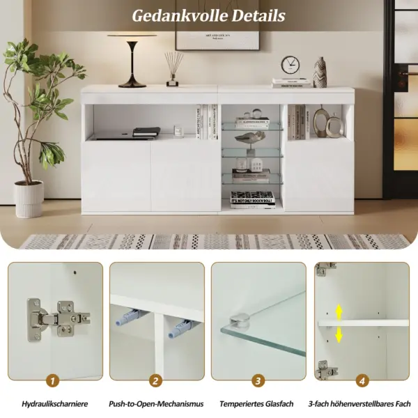 Buffet haute brillance avec LED, armoire buffet de 155,5 cm. 3 portes et 3 étagères en verre, armoire de salon design sans poignée, blanc.