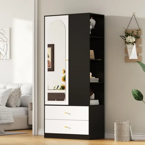 Armoire avec miroir et une porte. Armoire moderne avec 2 tiroirs et 4 étagères, idéale pour un rangement polyvalent