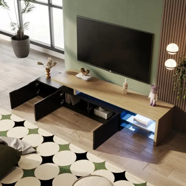 OSAHQNDA Meuble TV Moderne avec LED et Étagères en Verre – 200 x 42 x 39 cm