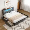 Anajqaqia Lit rembourré 140x190/200 cm, lit LED, avec 4 tiroirs et sommier à lattes, tête de lit avec station de charge USB, gris