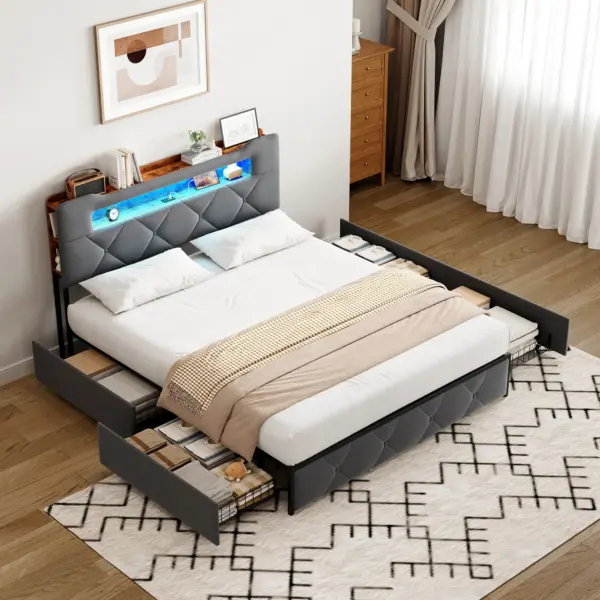 Anajqaqia Lit rembourré 140x190/200 cm, lit LED, avec 4 tiroirs et sommier à lattes, tête de lit avec station de charge USB, gris