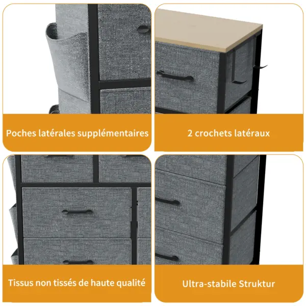 Commode à 9 tiroirs, meuble de rangement, buffet pour salon, chambre, entrée, gris, tissu non tissé, 99 x 30 x 100 cm