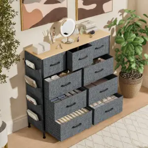 Commode à 9 tiroirs, meuble de rangement, buffet pour salon, chambre, entrée, gris, tissu non tissé, 99 x 30 x 100 cm