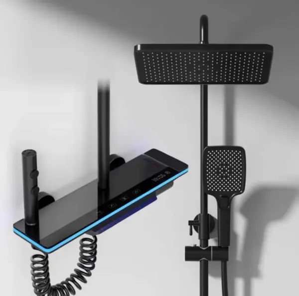 Système de robinet de douche de luxe pour salle de bains blanche, avec lumières, ensemble de douche en verre trempé, affichage numérique, mélangeur en cuivre, ensemble de robinets de douche