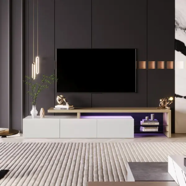 OSAHQNDA Meuble TV Moderne avec LED et Étagères en Verre – 200 x 42 x 39 cm