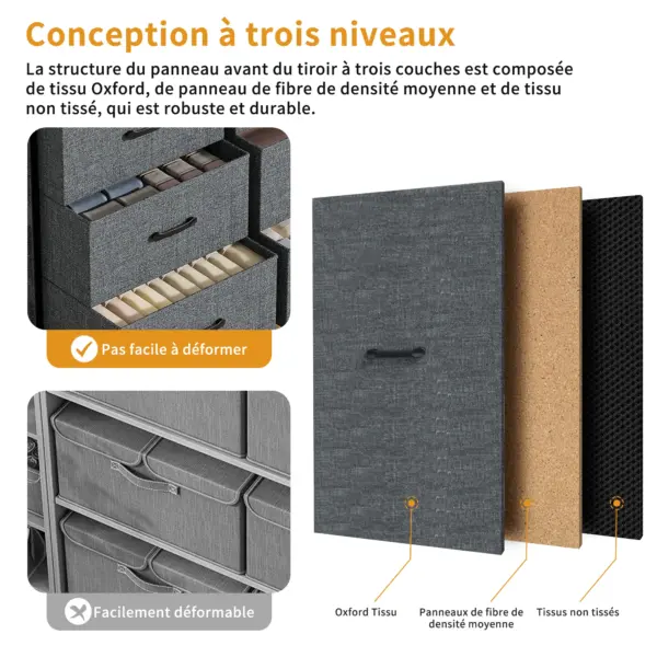 Commode à 9 tiroirs, meuble de rangement, buffet pour salon, chambre, entrée, gris, tissu non tissé, 99 x 30 x 100 cm