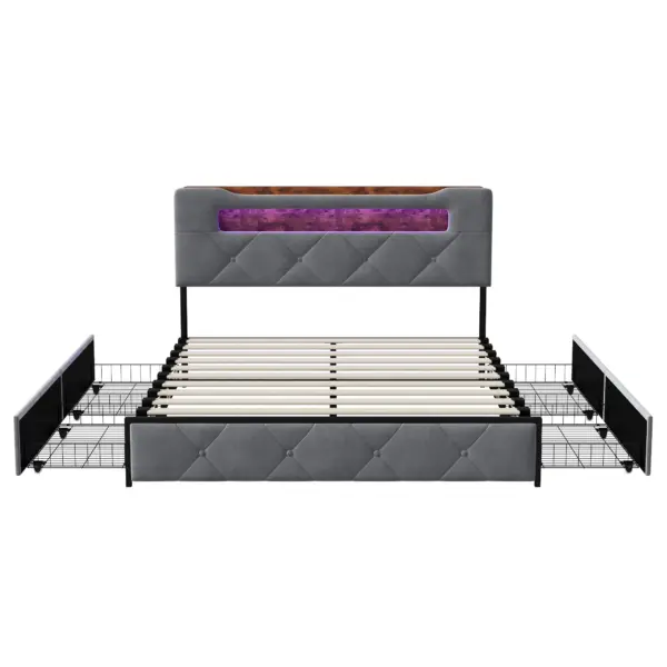 Anajqaqia Lit rembourré 140x190/200 cm, lit LED, avec 4 tiroirs et sommier à lattes, tête de lit avec station de charge USB, gris