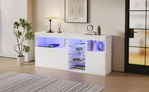 Buffet haute brillance avec LED, armoire buffet de 155,5 cm. 3 portes et 3 étagères en verre, armoire de salon design sans poignée, blanc.