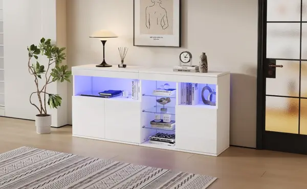 Buffet haute brillance avec LED, armoire buffet de 155,5 cm. 3 portes et 3 étagères en verre, armoire de salon design sans poignée, blanc.