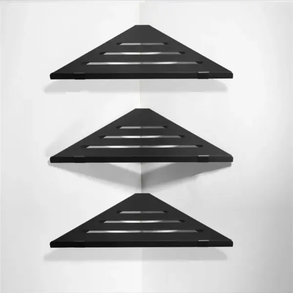 Étagère d'organisation de salle de bain en aluminium noir, 1 à 3 niveaux, étagère d'angle triangulaire, fixation par clou/colle, rangement universel pour les articles de salle de bain