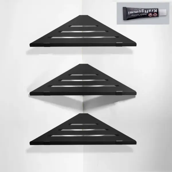 Étagère d'organisation de salle de bain en aluminium noir, 1 à 3 niveaux, étagère d'angle triangulaire, fixation par clou/colle, rangement universel pour les articles de salle de bain