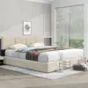 KOMHTOM Lit capitonné lit double hydraulique 180x200 cm Beige velours rayure Style lit continental tête de lit réglable en hauteur