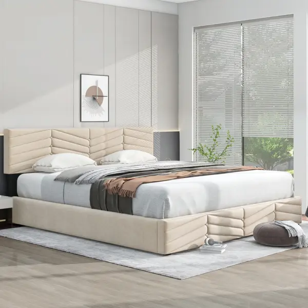 KOMHTOM Lit capitonné lit double hydraulique 180x200 cm Beige velours rayure Style lit continental tête de lit réglable en hauteur