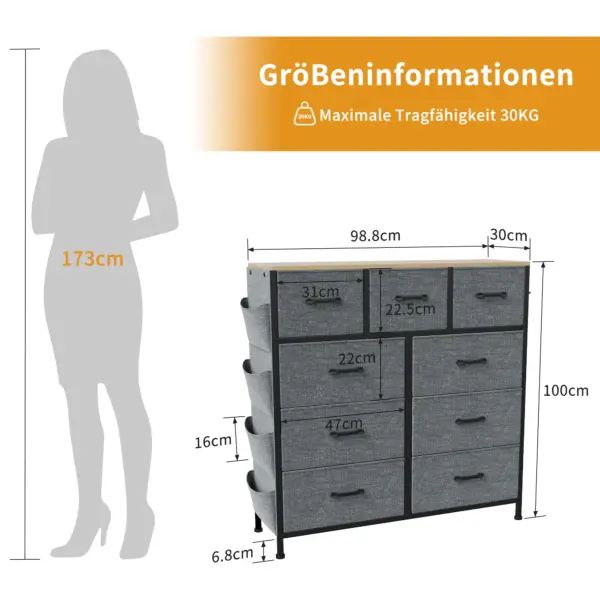 Rosahqnda Commode avec 9 tiroirs, commode de rangement en tissu pour chambre à coucher, salon, couloir, gris, armoire de rangement