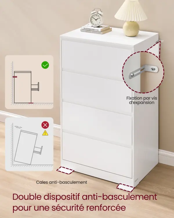 VASAGLE Kailyn Collection - Commode Chambre 4 Tiroirs, Armoire de Rangement, Meuble à Vêtements, 40 x 60 x 97,4 cm, Style Moderne, Blanc Neige