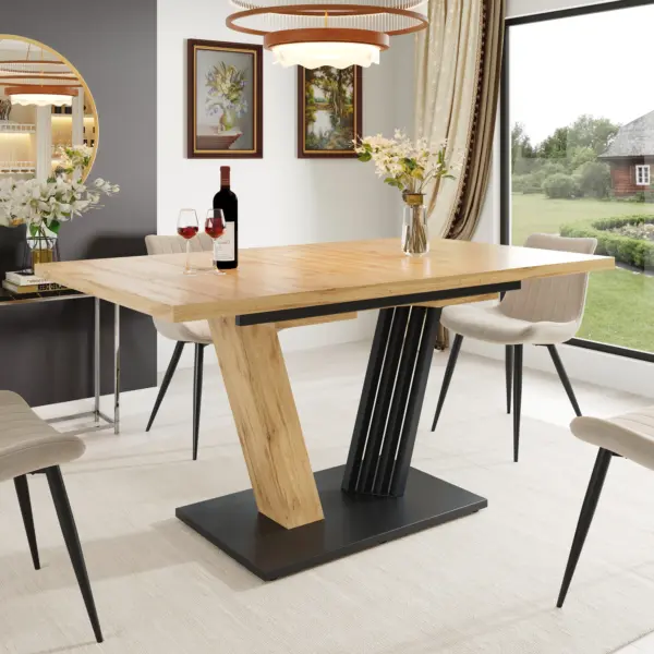 Table de salle à manger extensible 120/160 x 80 x 76 cm, table de cuisine moderne en bois de style farmhouse, avec finition bois et pieds en forme d'ailes