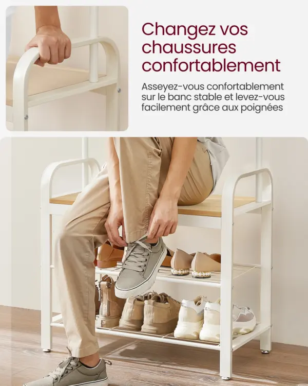 VASAGLE Porte-manteau avec Étagère à Chaussures, Meuble d’Entrée avec Banc, 4-en-1, 9 Crochets Amovibles, Vestiaire, 33,7 x 72 x 183 cm, Style Moderne