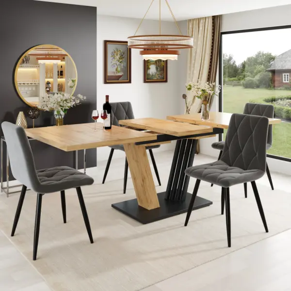 Table de salle à manger extensible 120/160 x 80 x 76 cm, table de cuisine moderne en bois de style farmhouse, avec finition bois et pieds en forme d'ailes