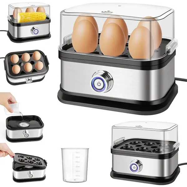 Cuiseur à Œufs Électrique 350W - Cuiseur Vapeur 6 Œufs avec Protection Anti-Sècheresse, Fonction Arrêt Automatique, pour Œufs Mollets/Mi-Cuits/Durs, Maïs Raviolis, Tasse à Mesurer, Mijoteuse Multifonction