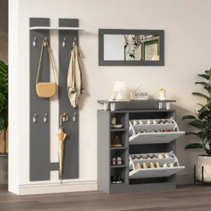 Armoire Murale d’Entrée avec Miroir et Meuble à Chaussures – Ensemble Moderne Gris