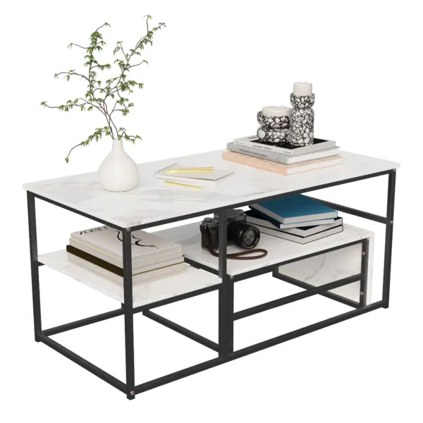 Comanlai Table Basse Moderne Rectangulaire Extensible Effet Bois avec Pieds en Métal