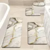 Ensemble de salle de bain 3 pièces en marbre doré, siège de toilette antidérapant + tapis en forme de U, décor de salle de bain de luxe à motif de marbre blanc
