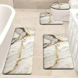 Ensemble de salle de bain 3 pièces en marbre doré, siège de toilette antidérapant + tapis en forme de U, décor de salle de bain de luxe à motif de marbre blanc