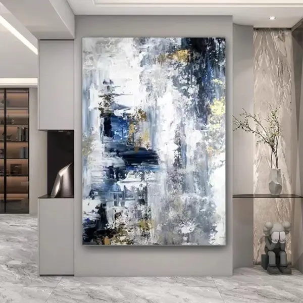 Peinture à l’huile abstraite 100 % peinte à la main sur toile – Tableau mural moderne avec lignes dorées pour salon