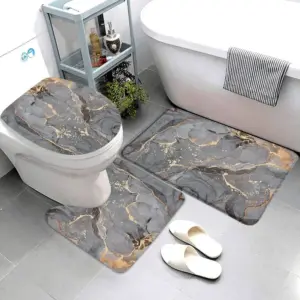 3 pièces ensembles tapis de bain en marbre noir lignes grises or Art géométrique abstrait créatif maison salle de bain porte tapis anti-dérapant couvercle de toilette tapis