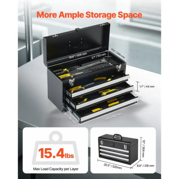 SucceBuy Boîte à outils en métal à 3 tiroirs de 20 pouces, coffre à outils noir/rouge avec doublures EVA, organisateur d'outils multifonction pour garage et atelier
